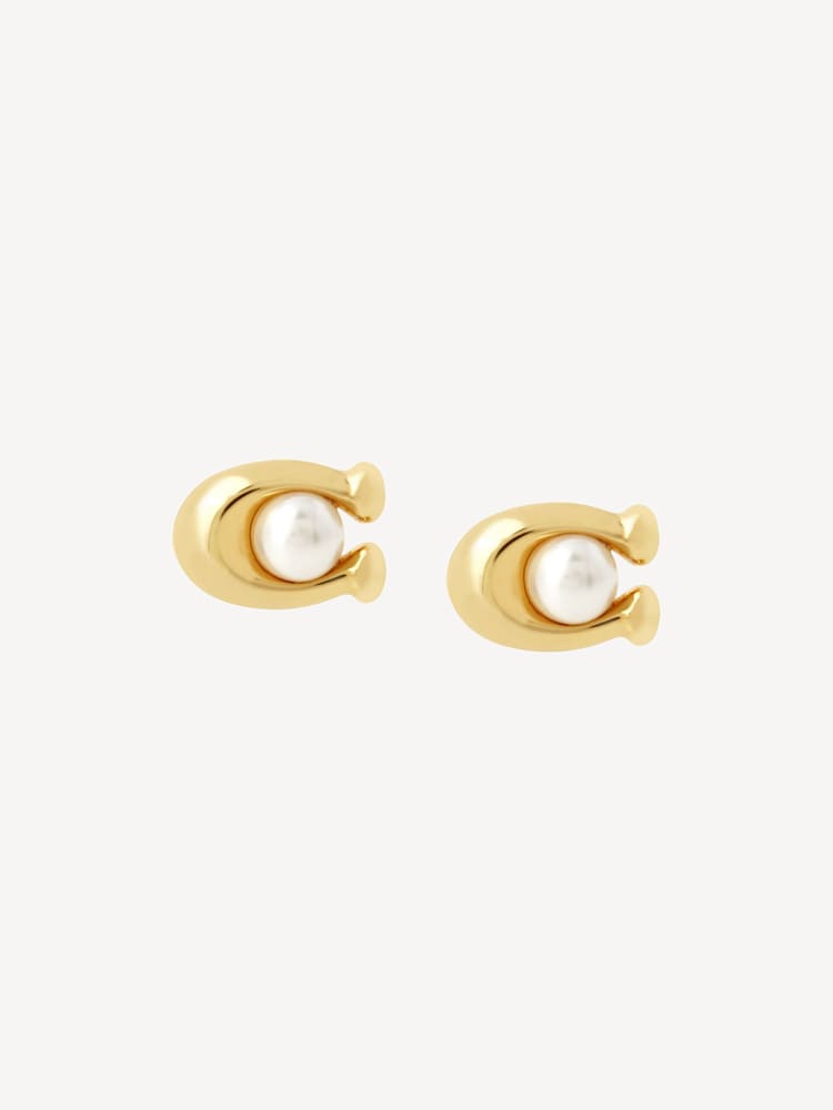 COACH Gold Tone Pearl Signature Stud Earrings - Image 1 of 4