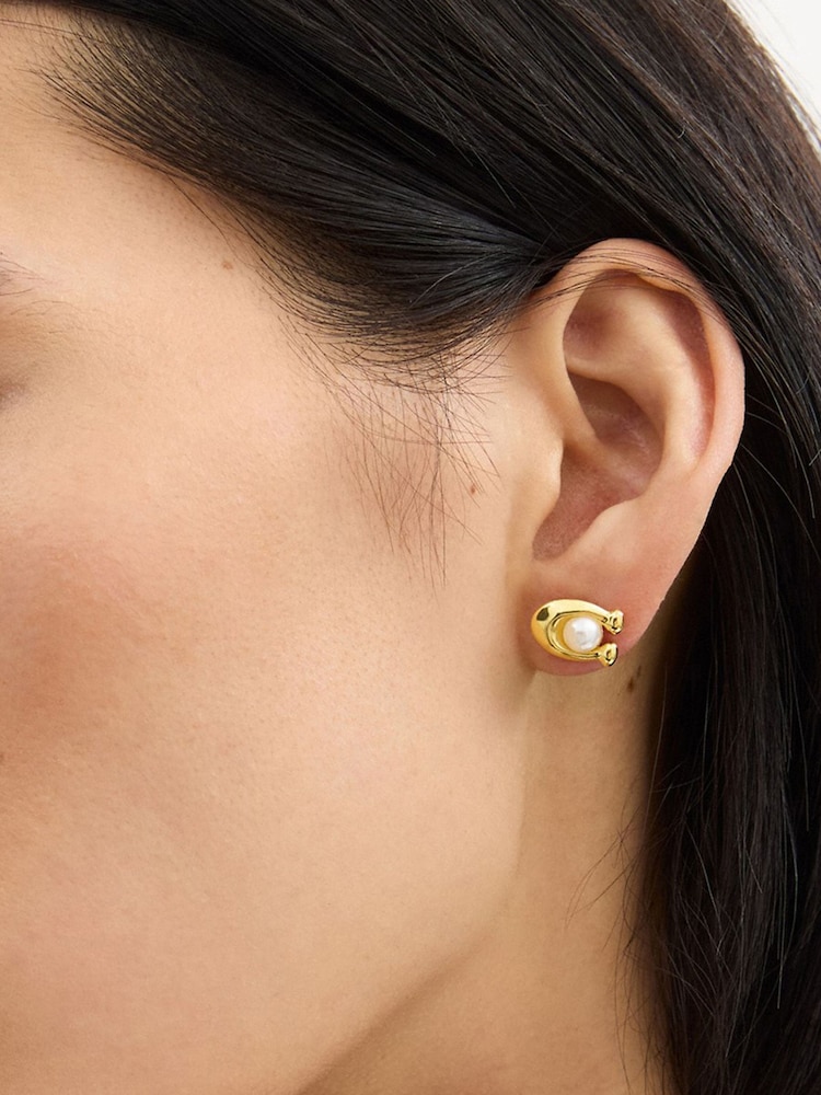 COACH Gold Tone Pearl Signature Stud Earrings - Image 4 of 4