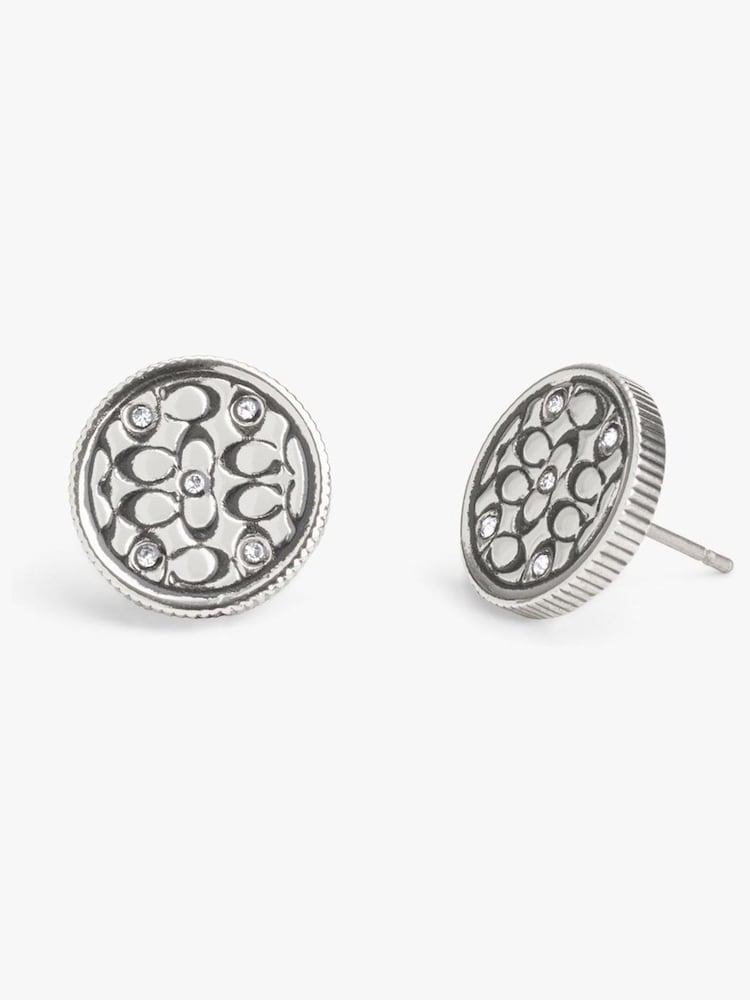 COACH Silver Tone Signature Quilted Coin Stud Earrings - Image 1 of 3 COACH Silver Tone Signature Quilted Coin Stud Earrings - Image 1 of 3
