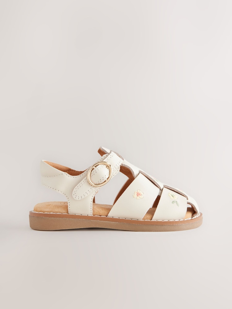Neutral Embroidered Flower Leather Fisherman Sandals - Image 2 of 6