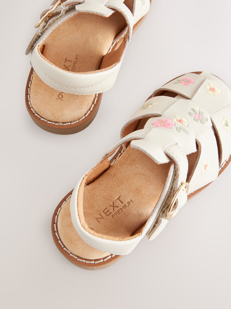 Neutral Embroidered Flower Leather Fisherman Sandals - Image 3 of 6