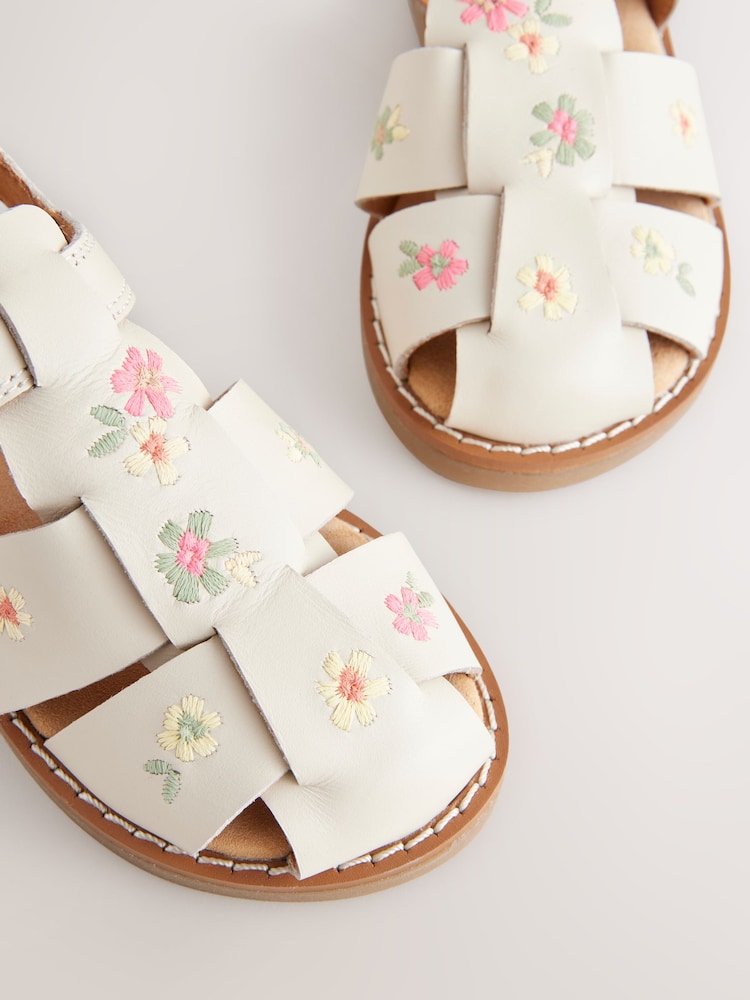 Neutral Embroidered Flower Leather Fisherman Sandals - Image 4 of 6
