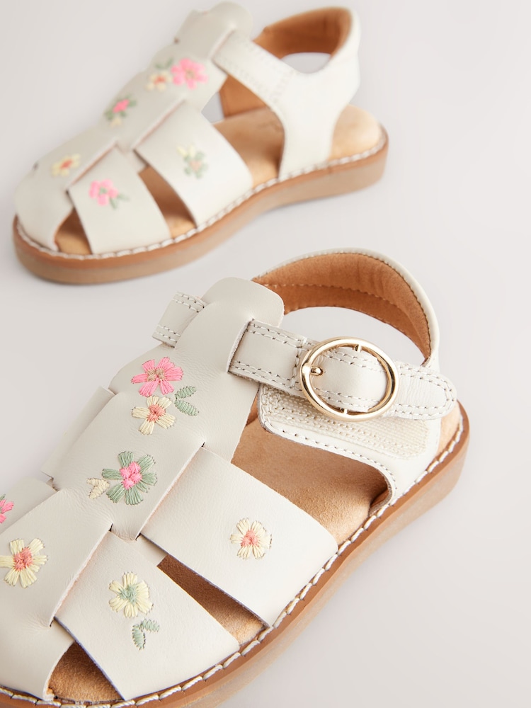 Neutral Embroidered Flower Leather Fisherman Sandals - Image 5 of 6