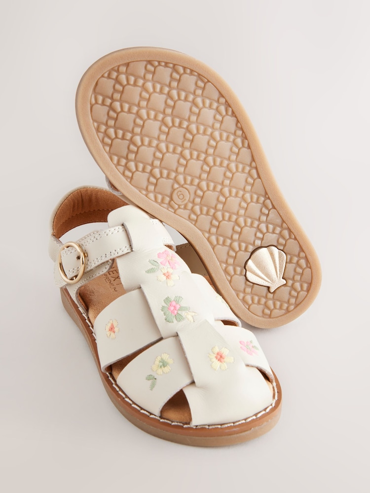Neutral Embroidered Flower Leather Fisherman Sandals - Image 6 of 6