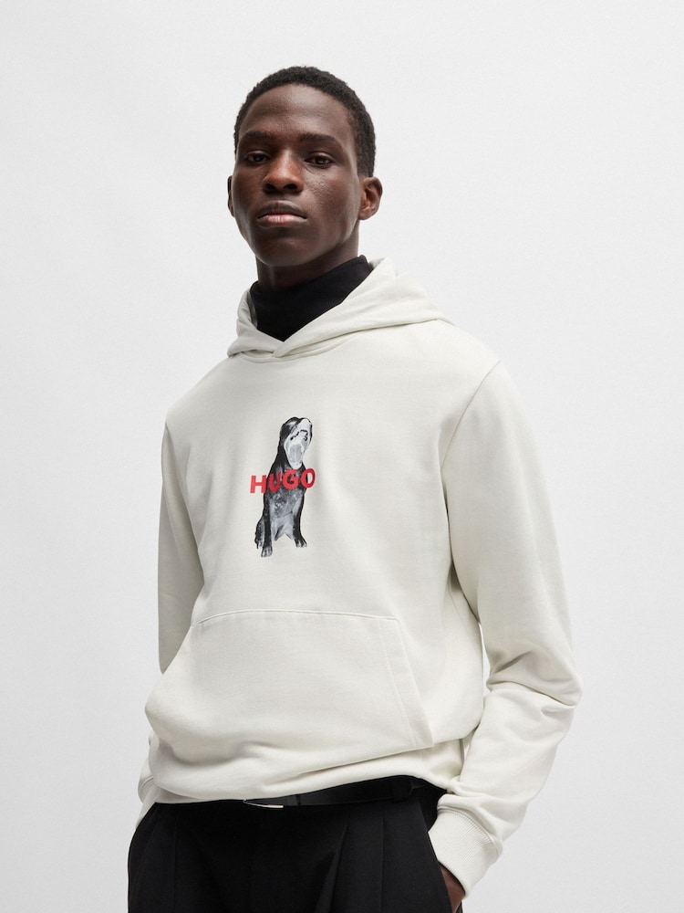 HUGO Grey Animal Print Graphic Hoodie in 100% Cotton Terry - Image 1 of 5 HUGO Grey Animal Print Graphic Hoodie in 100% Cotton Terry - Image 1 of 5