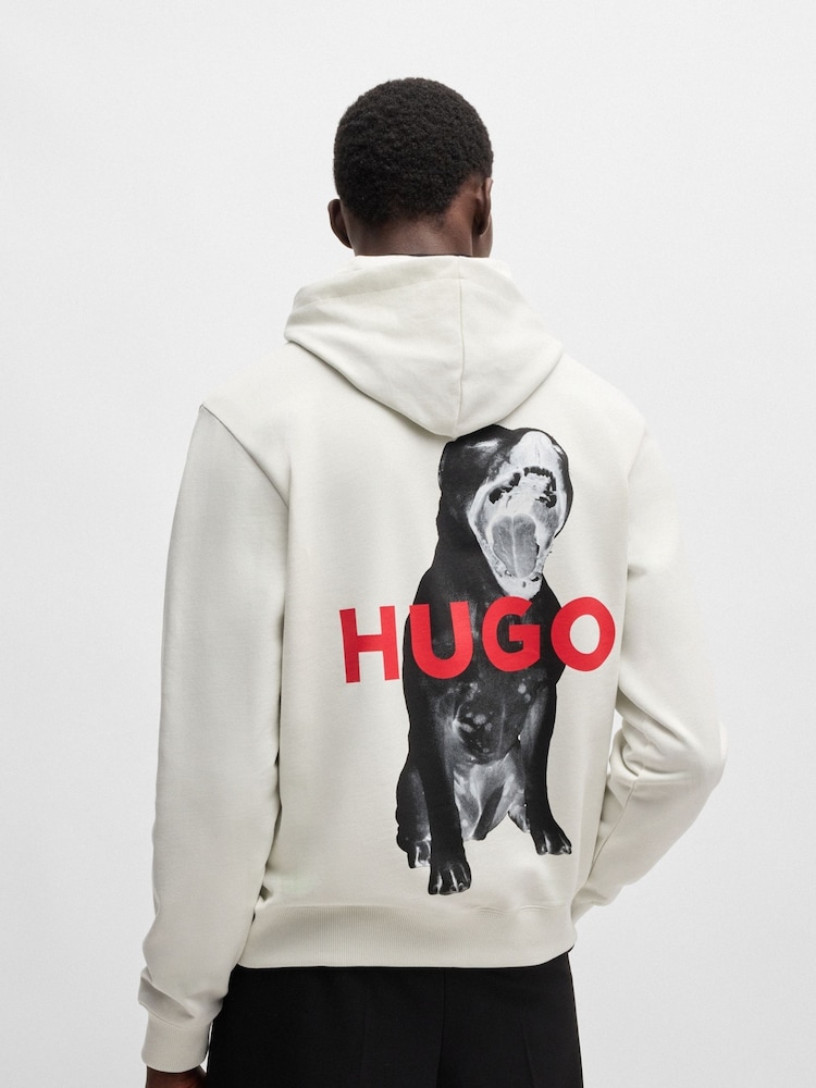 HUGO Grey Animal Print Graphic Hoodie in 100% Cotton Terry - Image 2 of 5 HUGO Grey Animal Print Graphic Hoodie in 100% Cotton Terry - Image 2 of 5