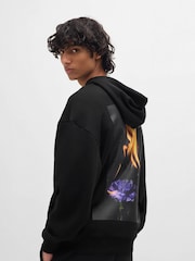 HUGO Black Cotton Blend Hoodie With Flame Floral Artwork - Image 2 of 5