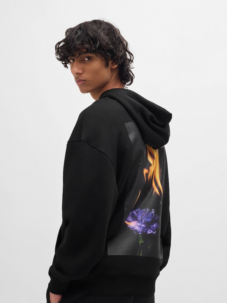 HUGO Black Cotton Blend Hoodie With Flame Floral Artwork - Image 2 of 5