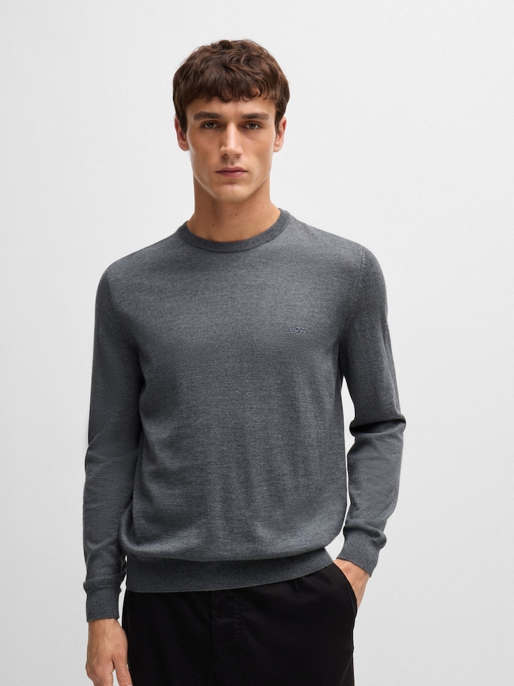 BOSS Grey Embroidered Logo Virgin Wool Sweater - Image 1 of 5 BOSS Grey Embroidered Logo Virgin Wool Sweater - Image 1 of 5