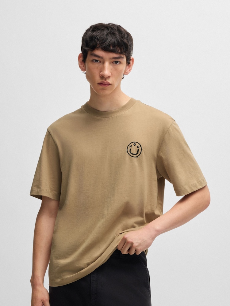 HUGO Natural Smiley Face Logos 100% Cotton Jersey T-Shirt - Image 1 of 5