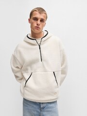 HUGO White Quarter Zip Teddy Hoodie With Smiley Face Logo - Image 1 of 6