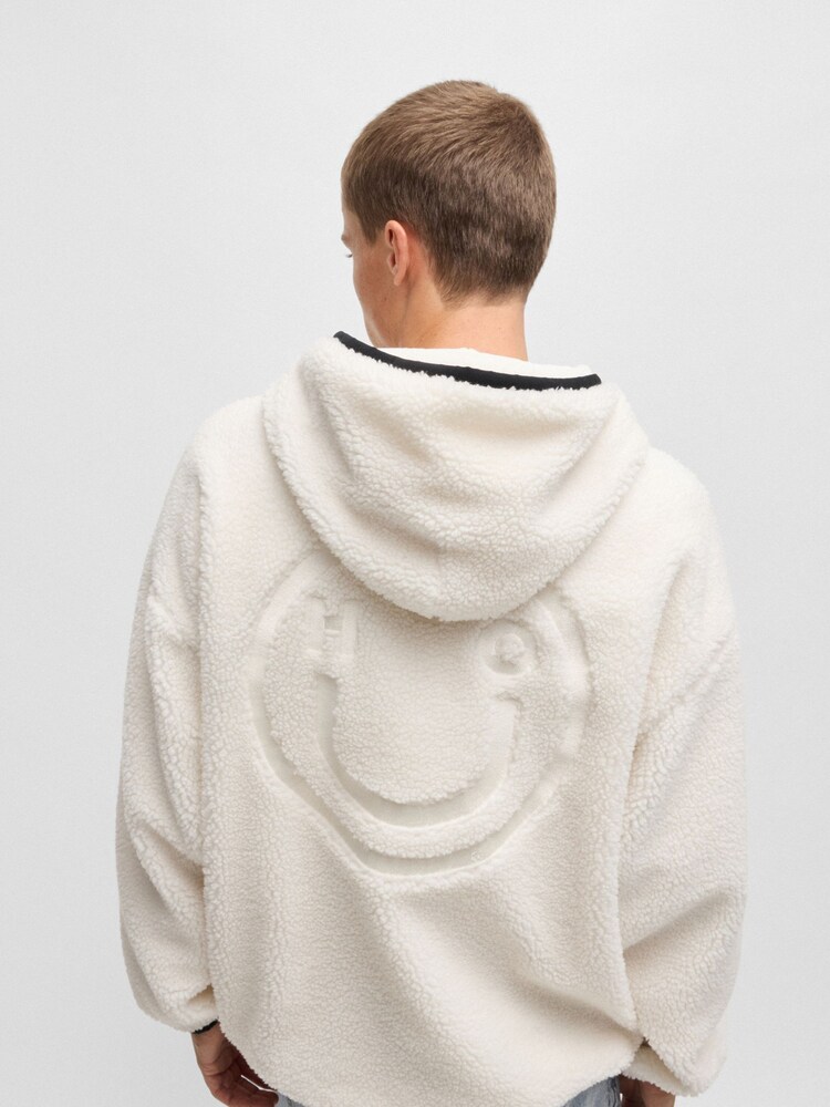 HUGO White Quarter Zip Teddy Hoodie With Smiley Face Logo - Image 2 of 6