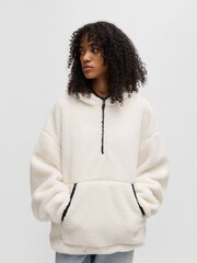 HUGO White Quarter Zip Teddy Hoodie With Smiley Face Logo - Image 3 of 6