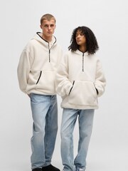 HUGO White Quarter Zip Teddy Hoodie With Smiley Face Logo - Image 5 of 6