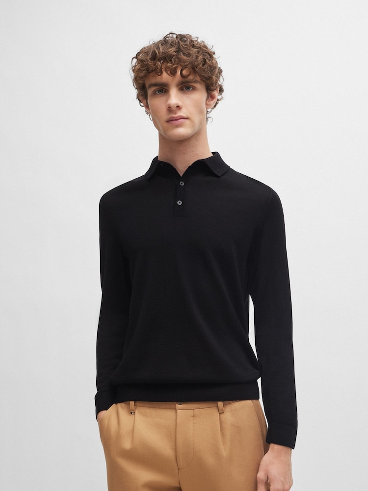 BOSS Black Virgin Wool Kniited Polo Shirt - Image 1 of 5