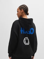 HUGO Black Smiley Face Logo 100% Cotton Terry Hoodie - Image 3 of 6