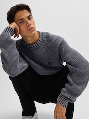 HUGO Blue Knitted 100% Cotton Smiley Face Logo Sweater - Image 4 of 5