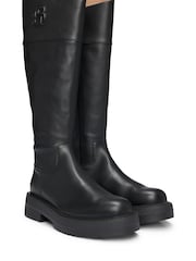 BOSS Black Leather Knee Boots With Padded Double B Monogram - Image 2 of 3