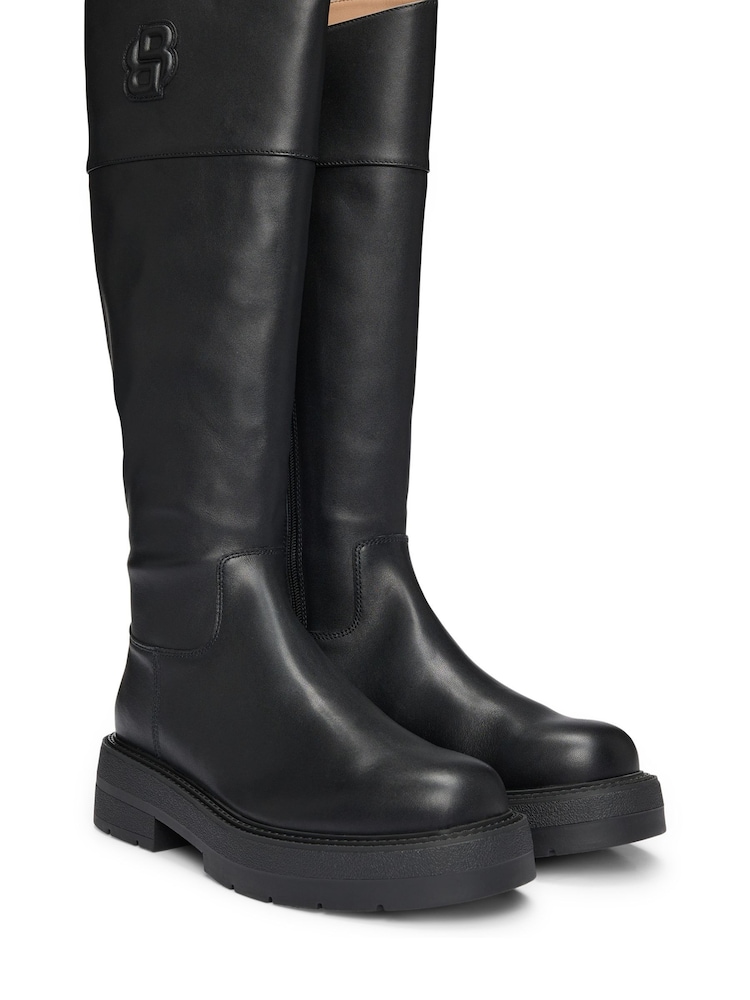 BOSS Black Leather Knee Boots With Padded Double B Monogram - Image 2 of 3