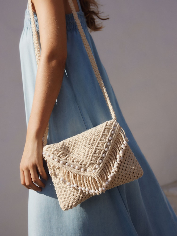 White Cotton Macrame Beaded Cross-Body Bag - Image 1 of 9