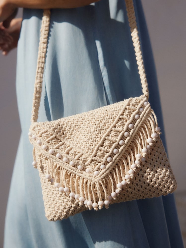 White Cotton Macrame Beaded Cross-Body Bag - Image 2 of 9