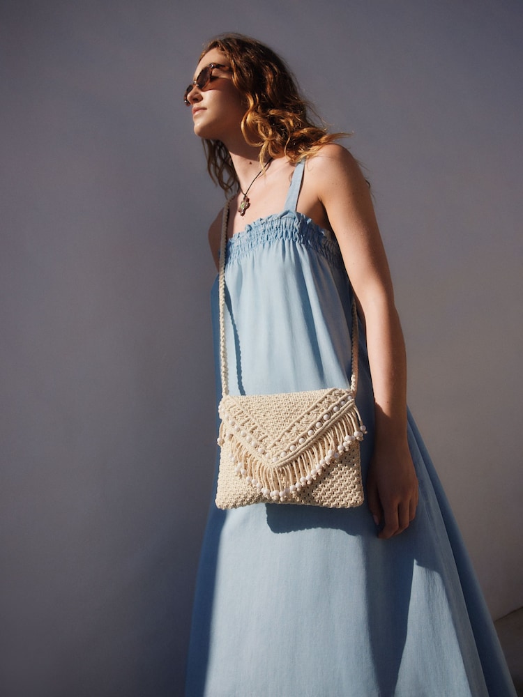 Blanc - Sac à bandoulière en coton et perles en macramé - Image 3 of 9