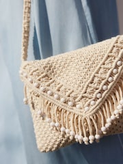 White Cotton Macrame Beaded Cross-Body Bag - Image 4 of 9