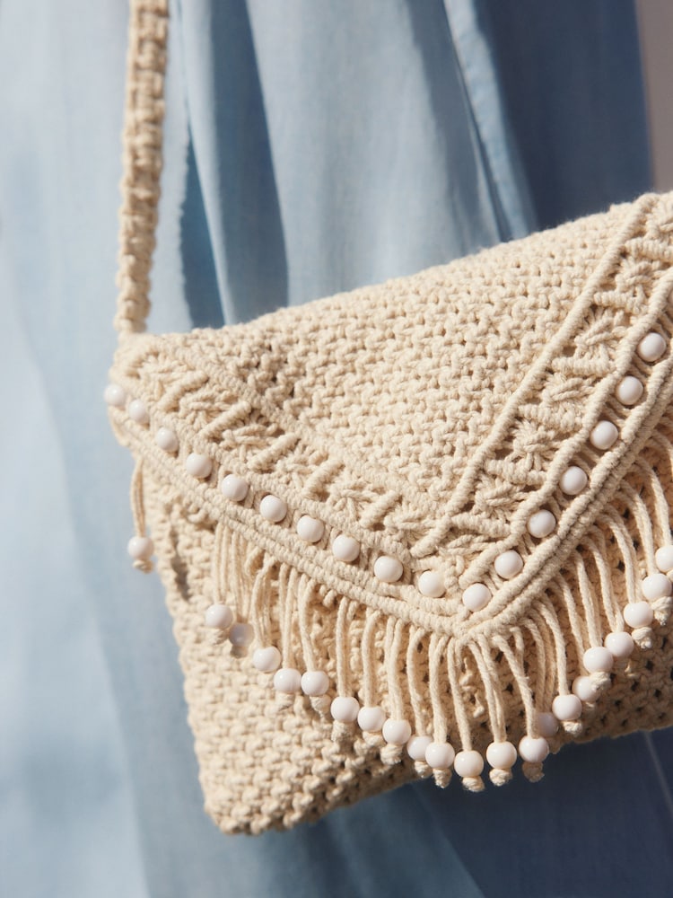 Blanc - Sac à bandoulière en coton et perles en macramé - Image 4 of 9