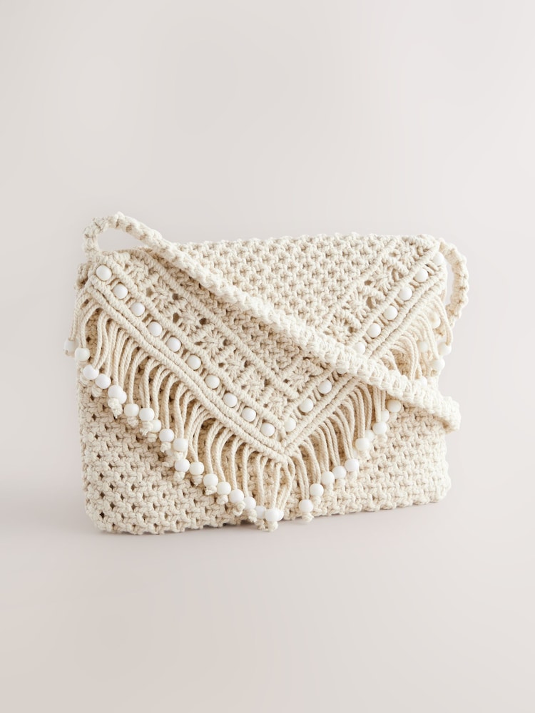 Blanc - Sac à bandoulière en coton et perles en macramé - Image 5 of 9