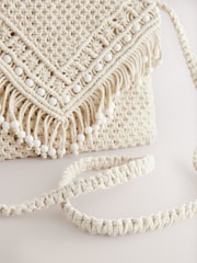 White Cotton Macrame Beaded Cross-Body Bag - Image 8 of 9