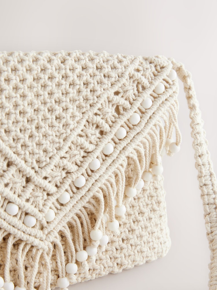 White Cotton Macrame Beaded Cross-Body Bag - Image 9 of 9