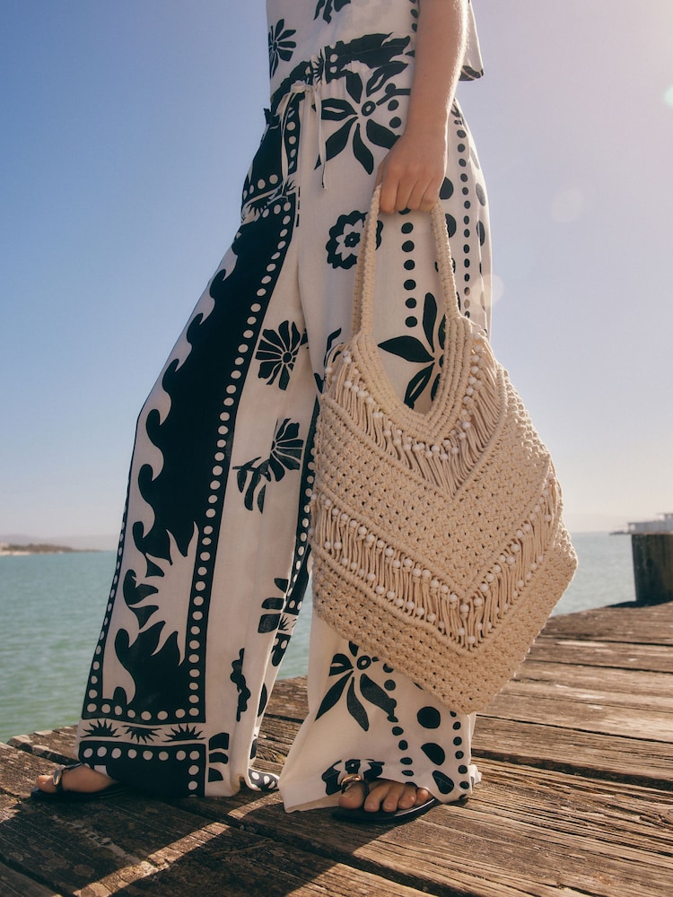 White Cotton Macrame Beaded Shoulder Bag - Image 1 of 9 White Cotton Macrame Beaded Shoulder Bag - Image 1 of 9