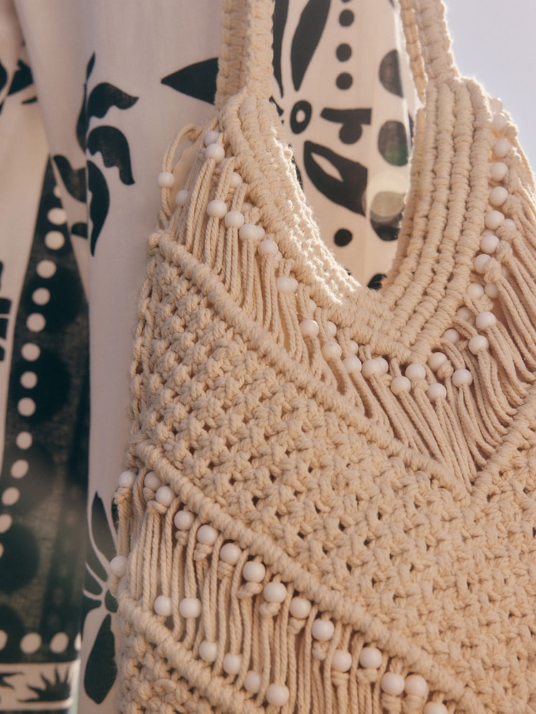 White Cotton Macrame Beaded Shoulder Bag - Image 3 of 9