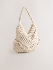 Blanc - Sac épaule en coton macramé avec perles - Image 5 de 9