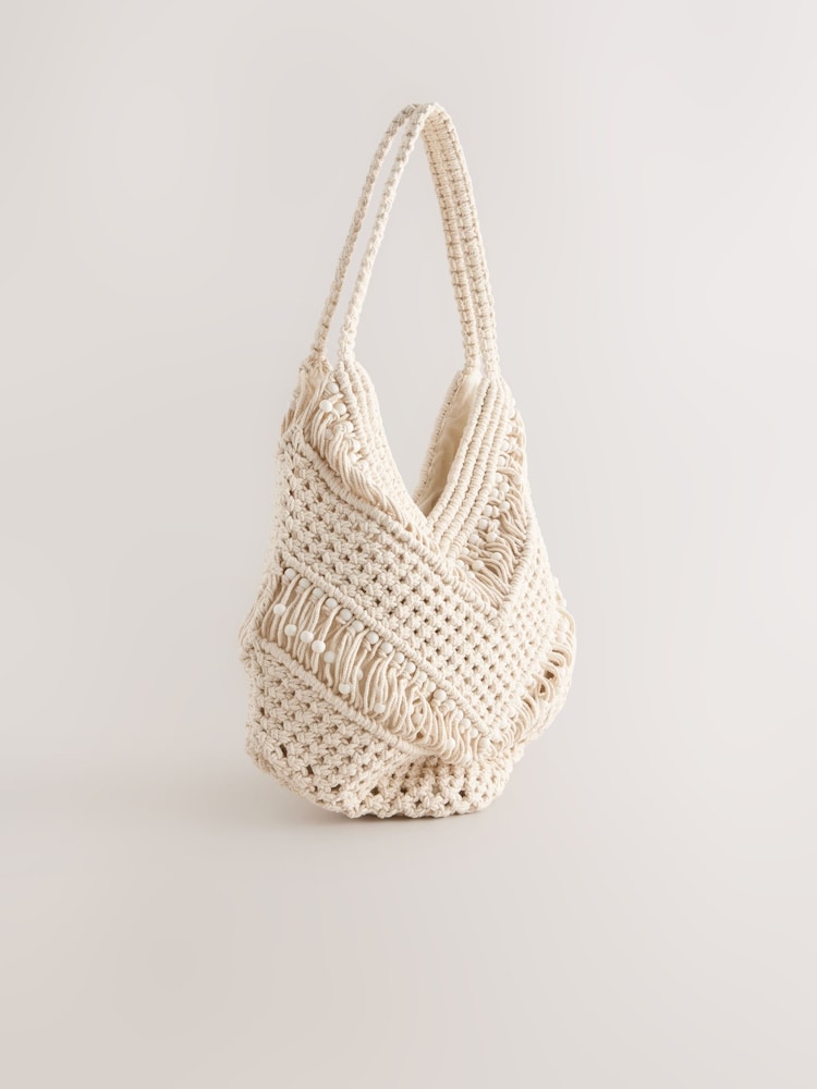 White Cotton Macrame Beaded Shoulder Bag - Image 6 of 9