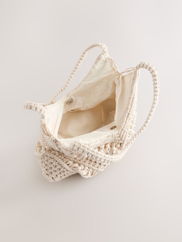 White Cotton Macrame Beaded Shoulder Bag - Image 7 of 9