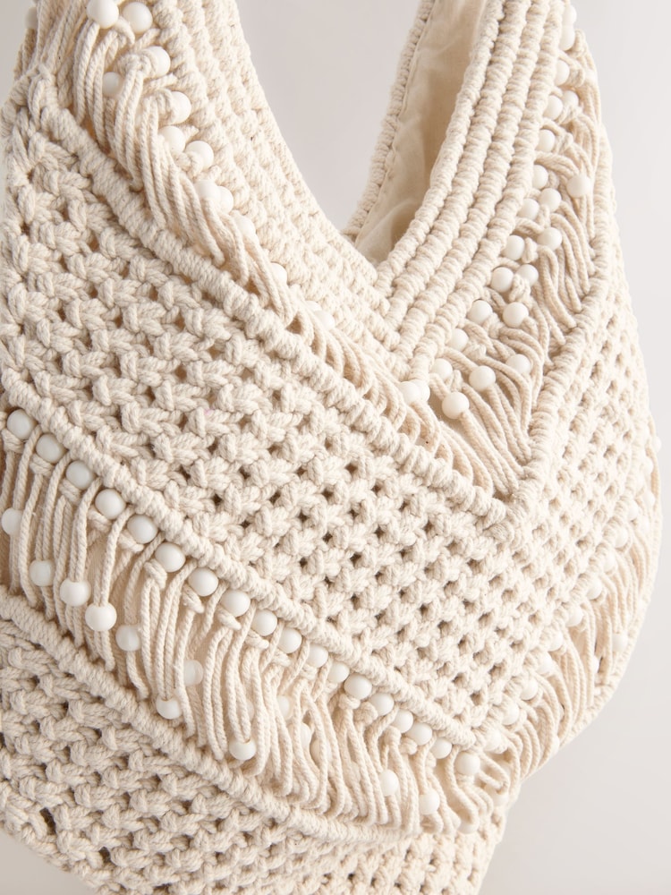 Blanc - Sac épaule en coton macramé avec perles - Image 9 de 9