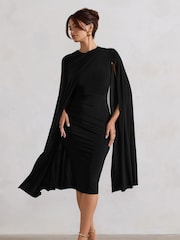 Club L London Black Marysol Asymmetric  Cape Midi Dress - Image 2 of 5