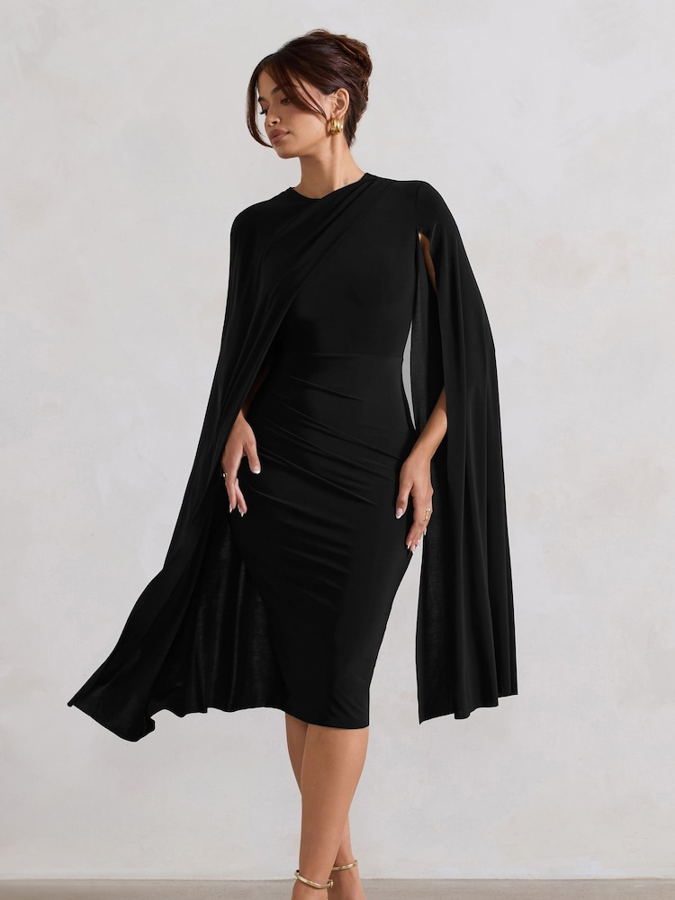 Club L London Black Marysol Asymmetric  Cape Midi Dress - Image 2 of 5
