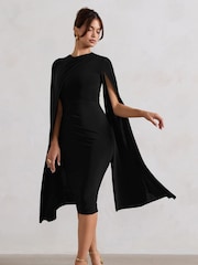 Club L London Black Marysol Asymmetric  Cape Midi Dress - Image 3 of 5