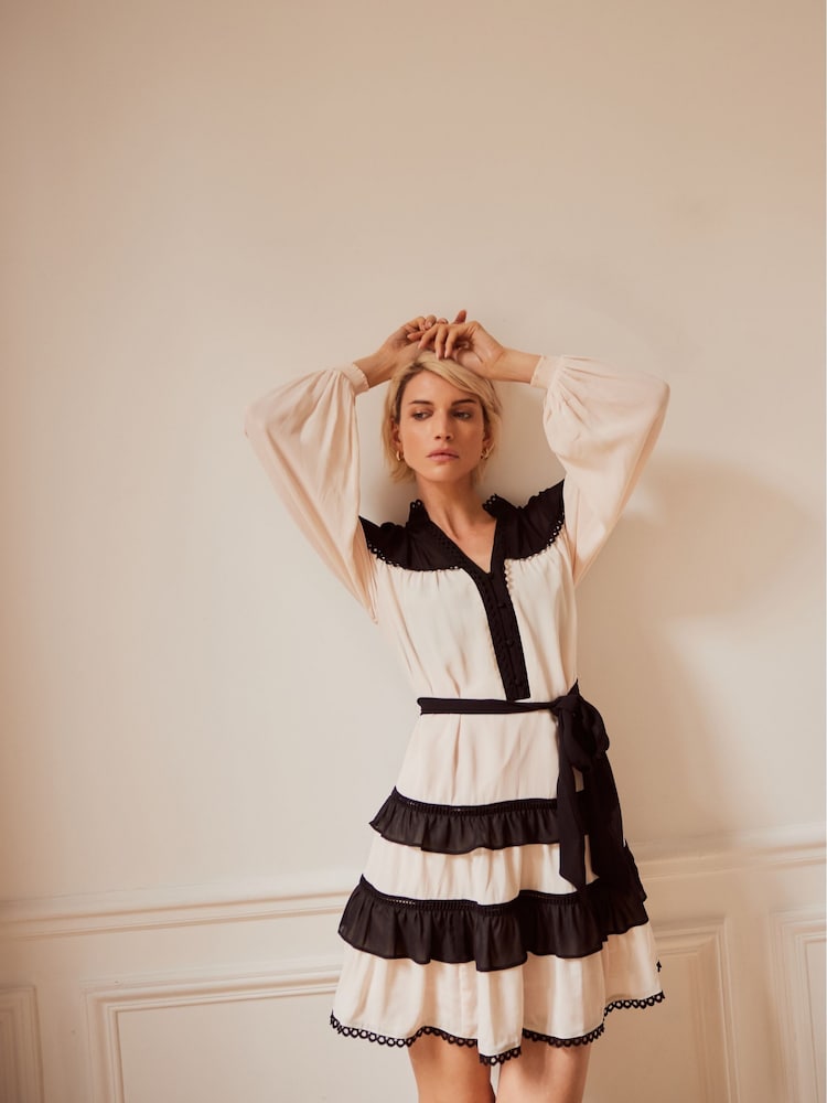 Mint Velvet Black Contrast Tiered Mini Dress - Image 2 of 9