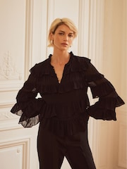 Mint Velvet Black Black Tiered Ruffle Top - Image 1 of 9