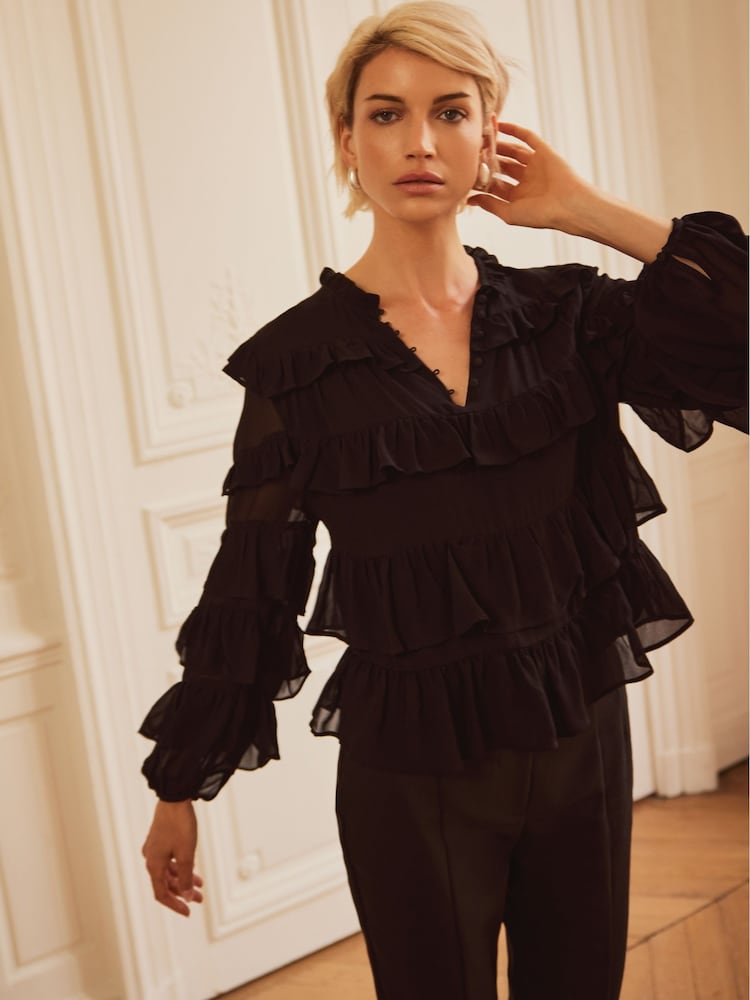 Mint Velvet Black Black Tiered Ruffle Top - Image 2 of 9
