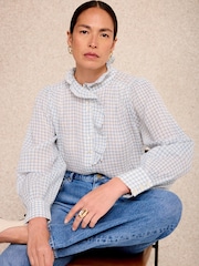 Mint Velvet Blue Cotton Checked Blouse - Image 3 of 7