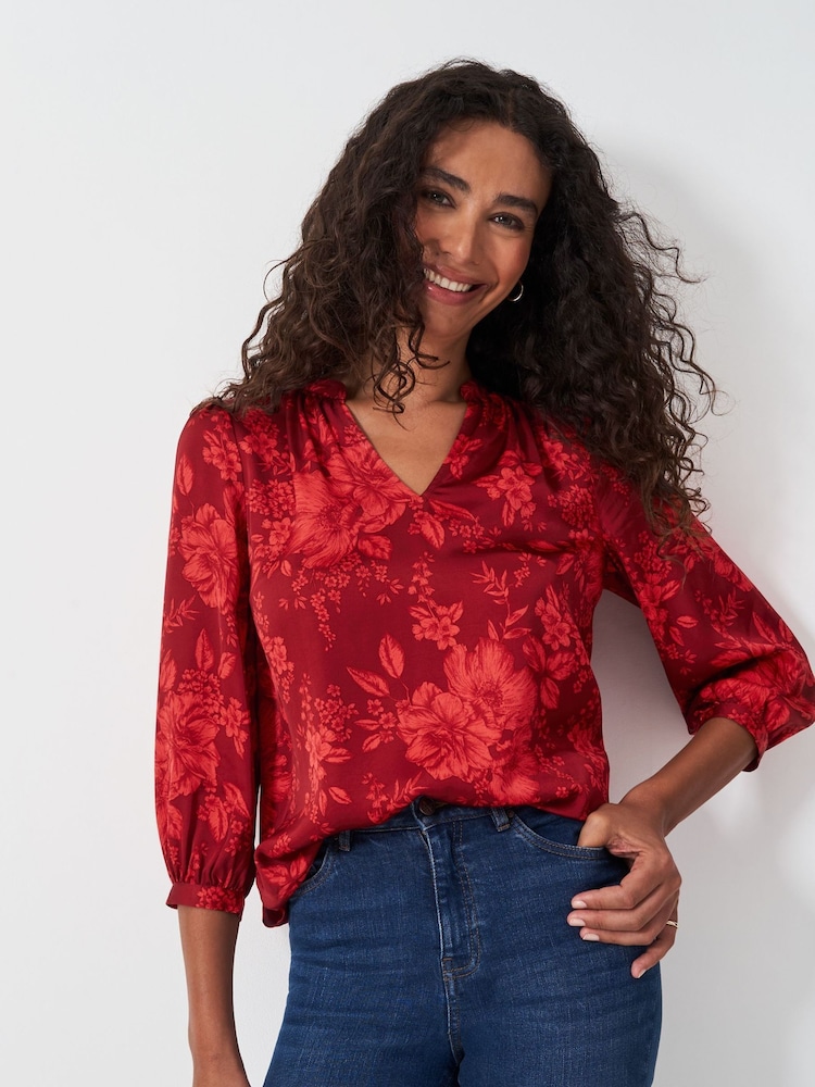 Crew Clothing Red Hope Floral Satin Top - Image 1 of 5