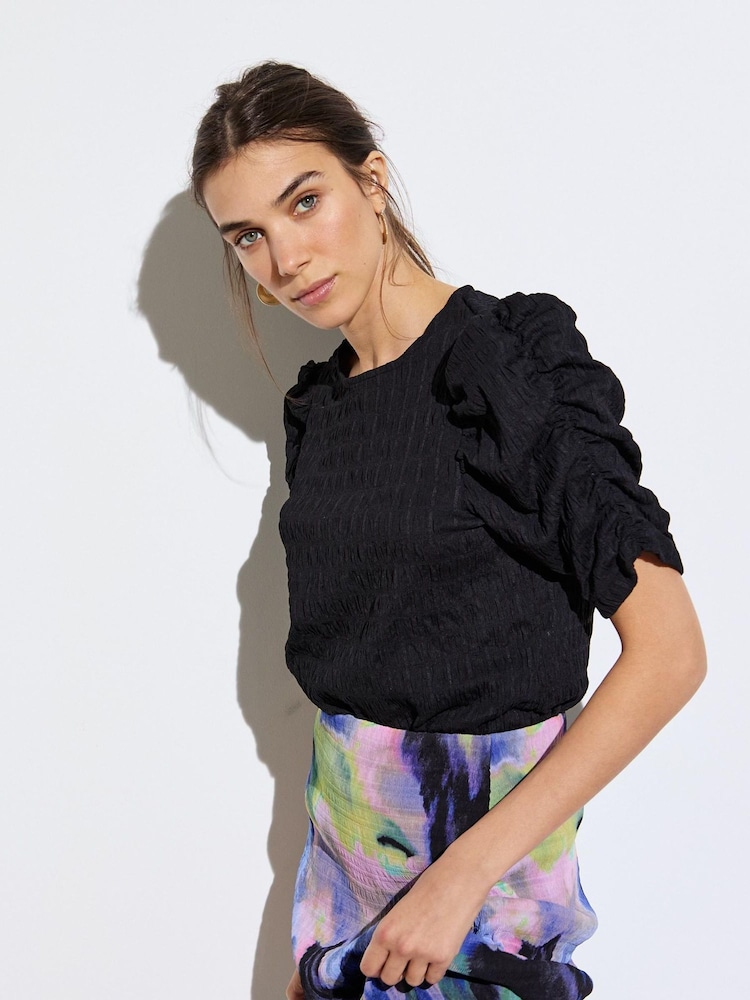 Oliver Bonas Black Textured Puff Sleeve Top - Image 2 of 9 Oliver Bonas Black Textured Puff Sleeve Top - Image 2 of 9