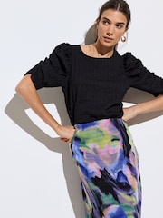 Oliver Bonas Black Textured Puff Sleeve Top - Image 3 of 9