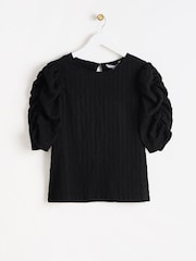 Oliver Bonas Black Textured Puff Sleeve Top - Image 4 of 9
