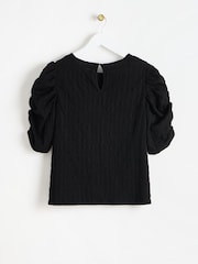 Oliver Bonas Black Textured Puff Sleeve Top - Image 5 of 9