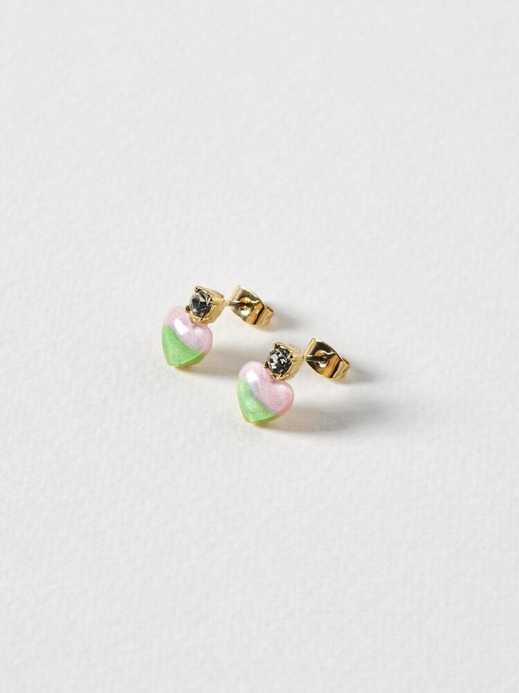 Oliver Bonas Green Claire Heart Gold Tone Stud Earrings - Image 1 of 1 Oliver Bonas Green Claire Heart Gold Tone Stud Earrings - Image 1 of 1